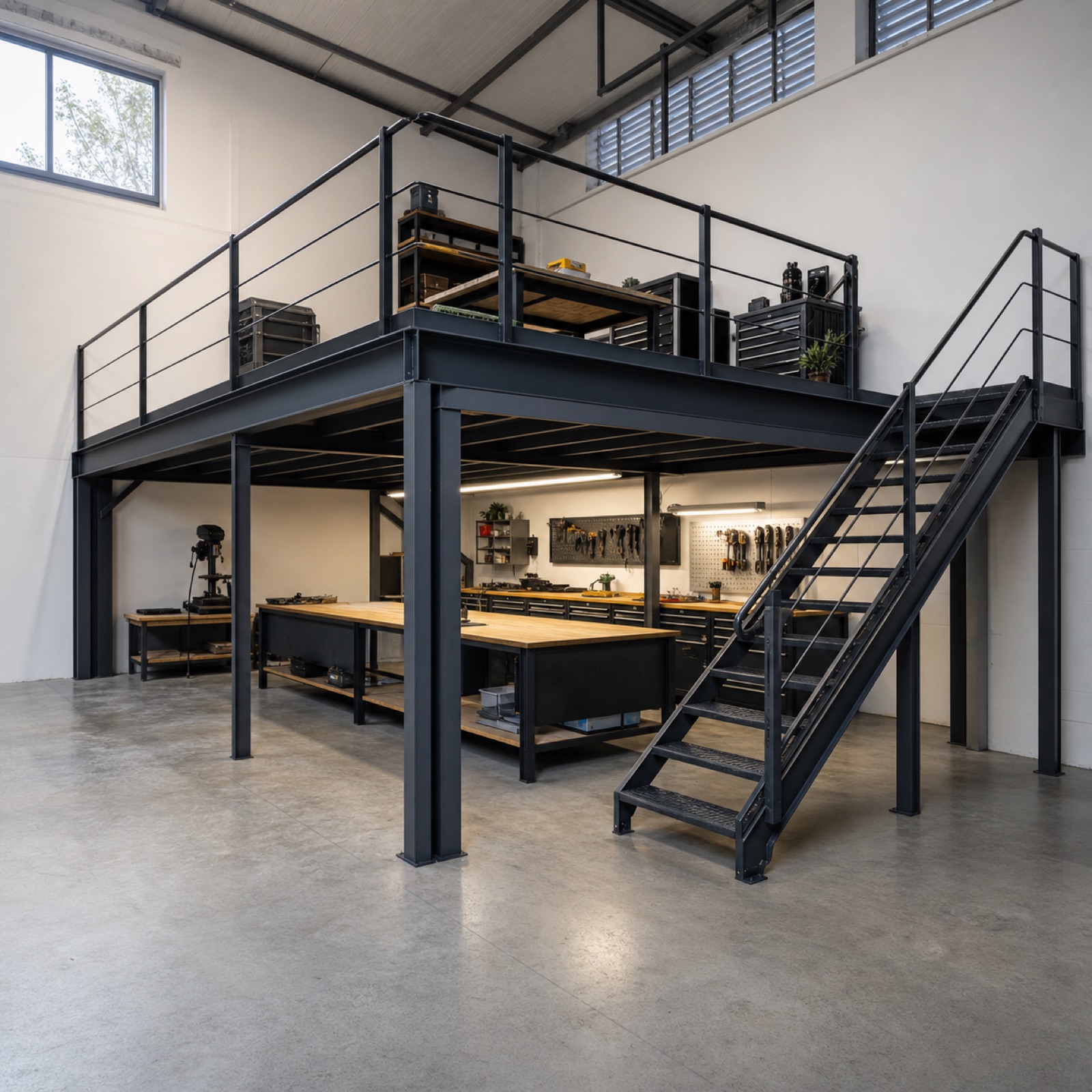 Dark steel mezzanine above a workshop with stairs
