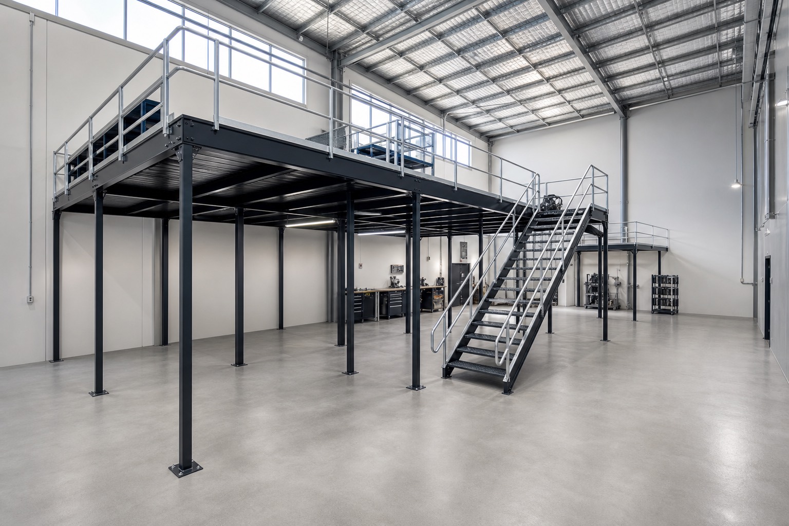 Finished steel mezzanine platform with stairs in a clean industrial warehouse